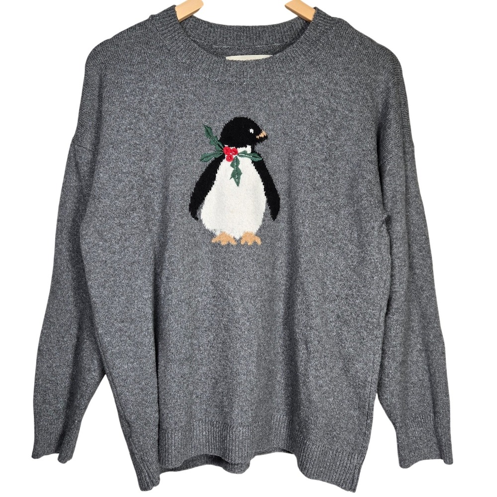 LOFT Petite Penguin Christmas Sweater Grey‎ Women's Size LP